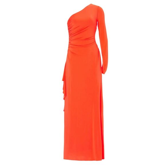 Halston Giana Asymmetrical One Shoulder Long Sleeve Jersey Dress in Orange Sz 0 - Picture 6 of 14